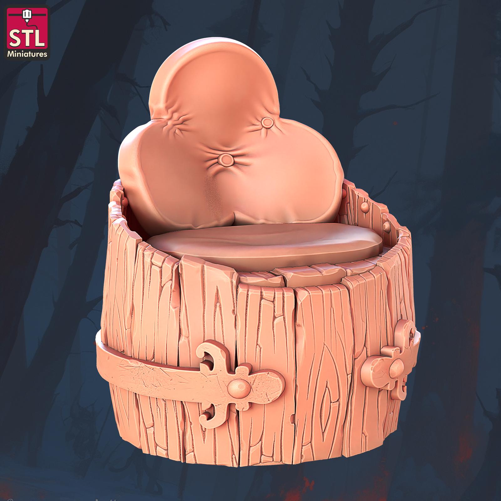 Barrel Armchair, 2 - Halfling Hostel Set - 32mm Scale - Unpainted Miniature for DnD, Pathfinder, Tabletop RPGs, Dioramas - STL Miniatures