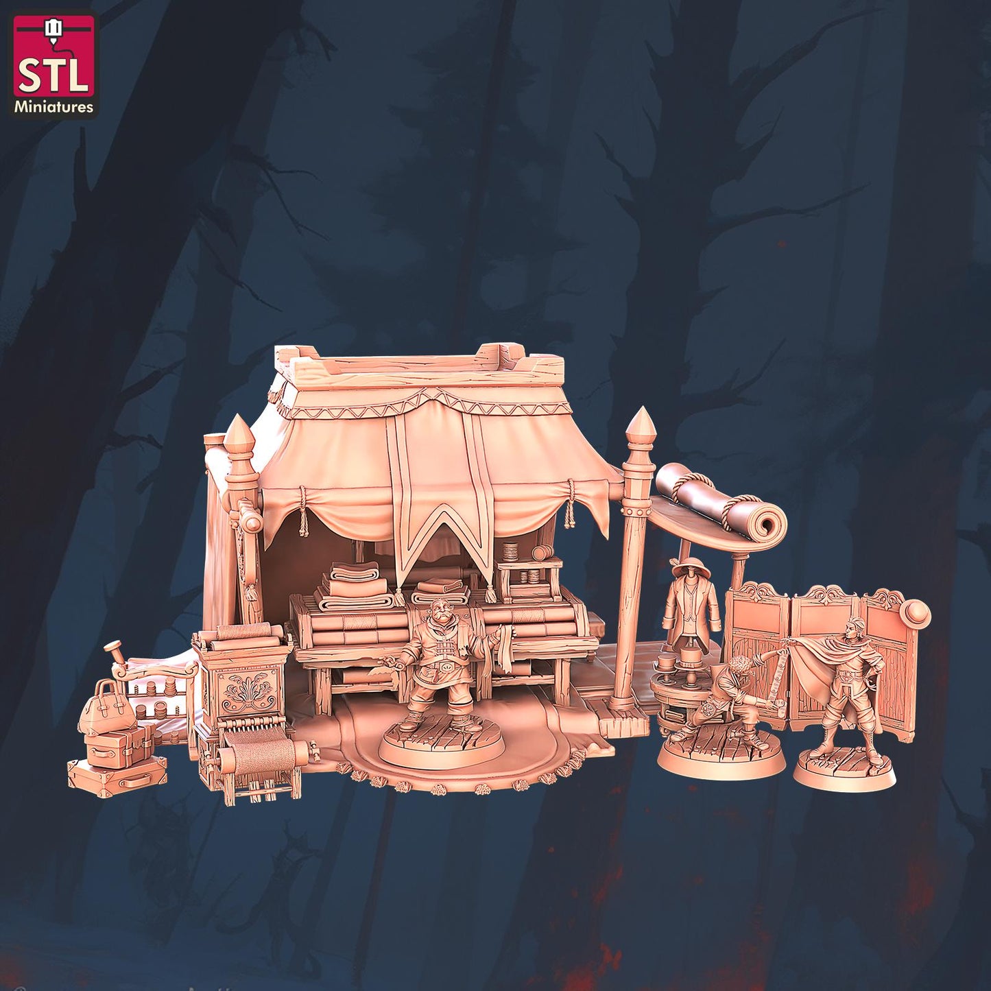 Textile Stall Set, Clothing Merchant - Townsfolk NPCs - 32mm Scale - Unpainted Miniature for DnD, Pathfinder, Tabletop RPGs - STL Miniatures