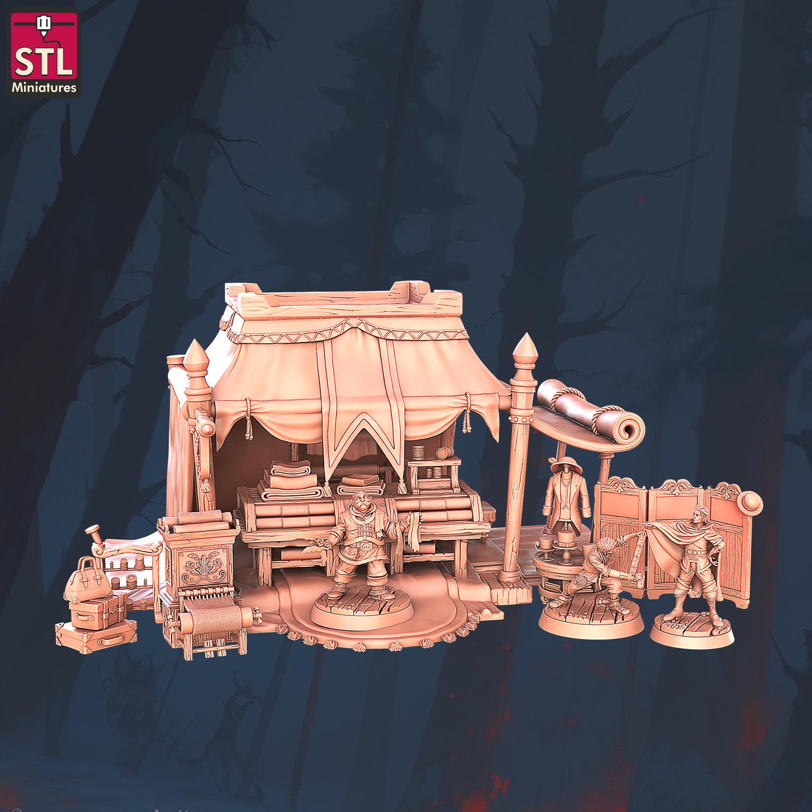 Textile Stall Set, Clothing Merchant - Townsfolk NPCs - 32mm Scale - Unpainted Miniature for DnD, Pathfinder, Tabletop RPGs - STL Miniatures