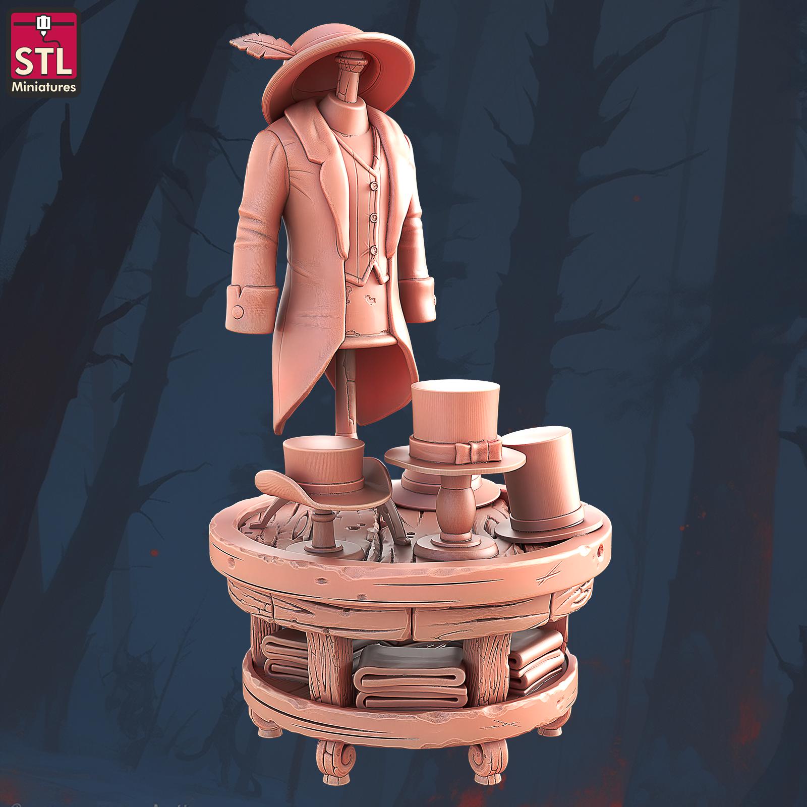 Textile Stall Set, Clothing Merchant - Townsfolk NPCs - 32mm Scale - Unpainted Miniature for DnD, Pathfinder, Tabletop RPGs - STL Miniatures