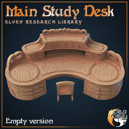 Study Desk - Elven Research Library - 32mm Scale - Unpainted Miniature for DnD, Pathfinder, Tabletop RPGs, and Dioramas
