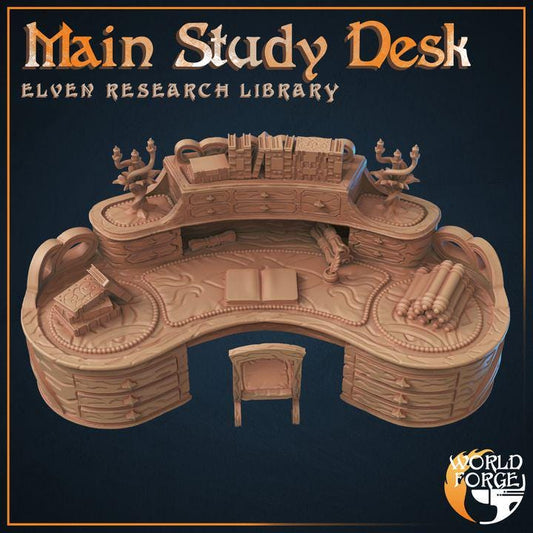 Study Desk - Elven Research Library - 32mm Scale - Unpainted Miniature for DnD, Pathfinder, Tabletop RPGs, and Dioramas