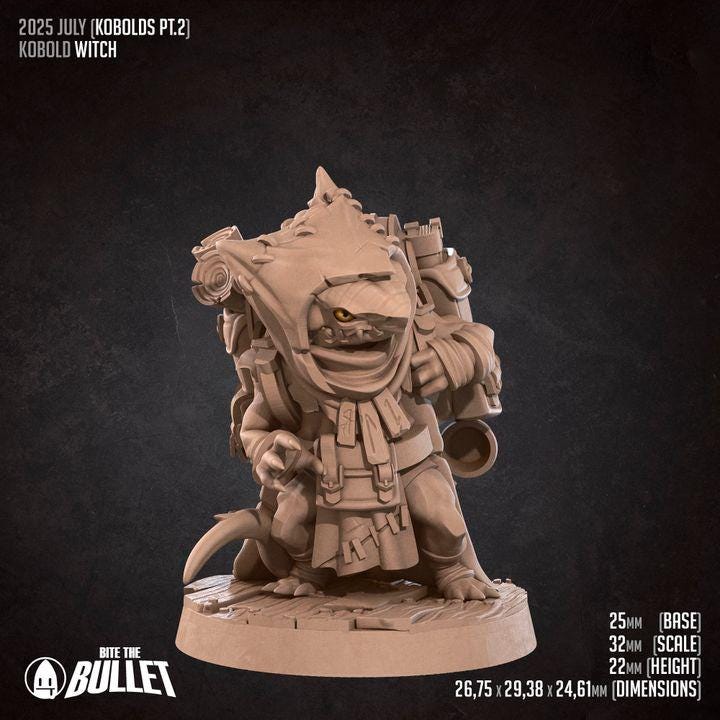Kobold Witch - 32mm, 35mm Scale - Unpainted Miniature for DnD, Pathfinder, Tabletop RPGs - Bite the Bullet