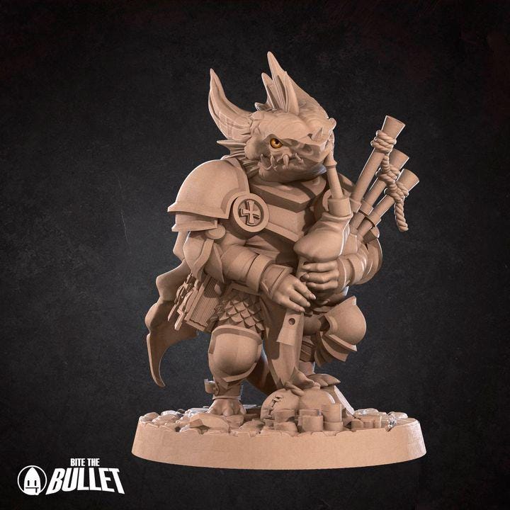 Kobold Bardbarian with Bagpipes - 32mm, 35mm Scale - Unpainted Miniature for DnD, Pathfinder, Tabletop RPGs - Bite the Bullet