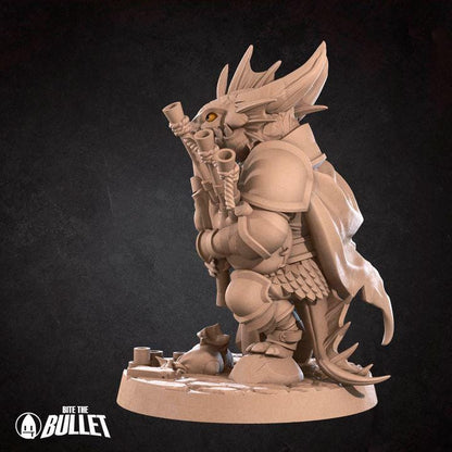 Kobold Bardbarian with Bagpipes - 32mm, 35mm Scale - Unpainted Miniature for DnD, Pathfinder, Tabletop RPGs - Bite the Bullet