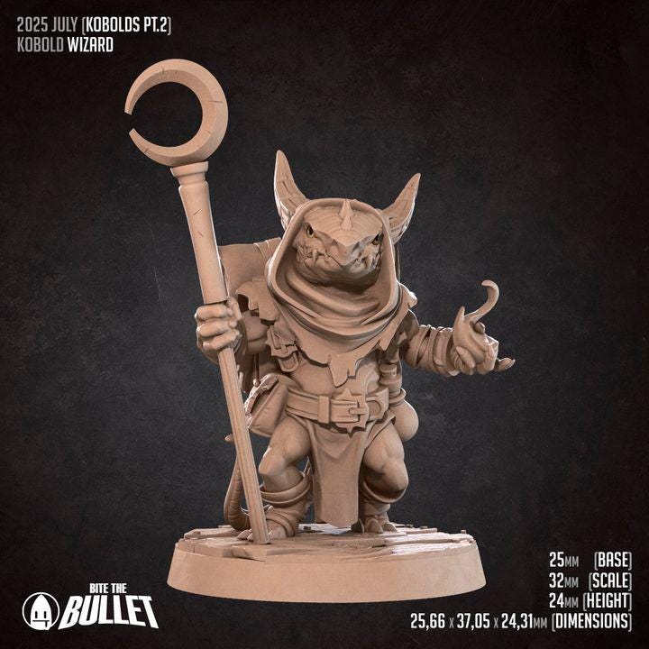 Kobold Wizard - 32mm, 35mm Scale - Unpainted Miniature for DnD, Pathfinder, Tabletop RPGs - Bite the Bullet