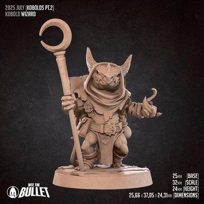 Kobold Wizard - 32mm, 35mm Scale - Unpainted Miniature for DnD, Pathfinder, Tabletop RPGs - Bite the Bullet