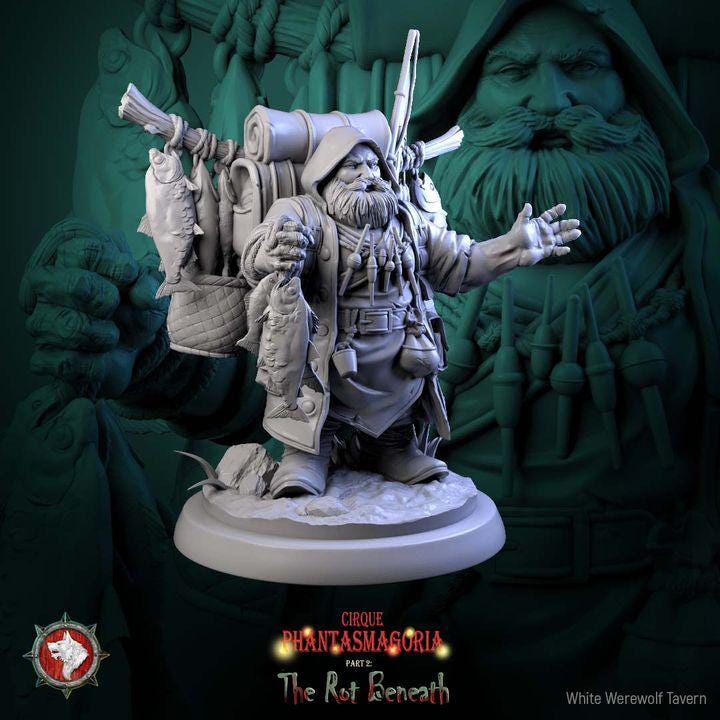 Gorvin Gristlehook, The Drift-meat Dealer, Dwarven Fishmonger - 32mm, 75mm Scale - Unpainted Miniature for DnD, Pathfinder, Tabletop RPGs
