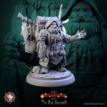 Gorvin Gristlehook, The Drift-meat Dealer, Dwarven Fishmonger - 32mm, 75mm Scale - Unpainted Miniature for DnD, Pathfinder, Tabletop RPGs
