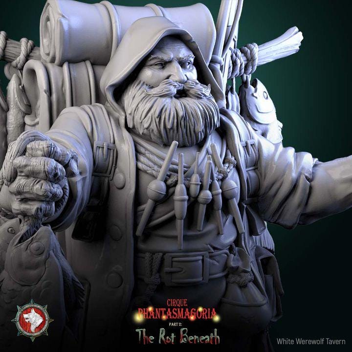 Gorvin Gristlehook, The Drift-meat Dealer, Dwarven Fishmonger - 32mm, 75mm Scale - Unpainted Miniature for DnD, Pathfinder, Tabletop RPGs