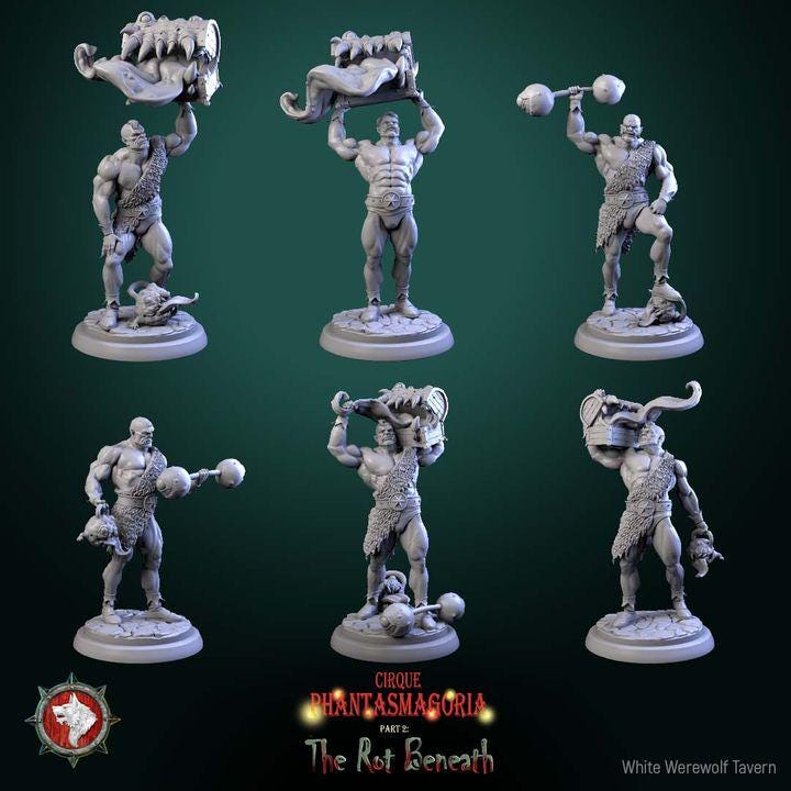 Green Behemoths, Carnival Strongmen - 32mm Scale - Unpainted Miniature for DnD, Pathfinder, Tabletop RPGs - White Werewolf Tavern