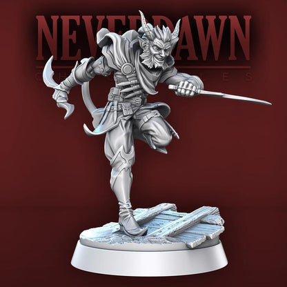 Shadowhorn, Tiefling Rogue, Shadowstalkers Set, Neverdawn Chronicles - 32mm Scale - Unpainted Miniature for DnD, Pathfinder, Tabletop RPGs