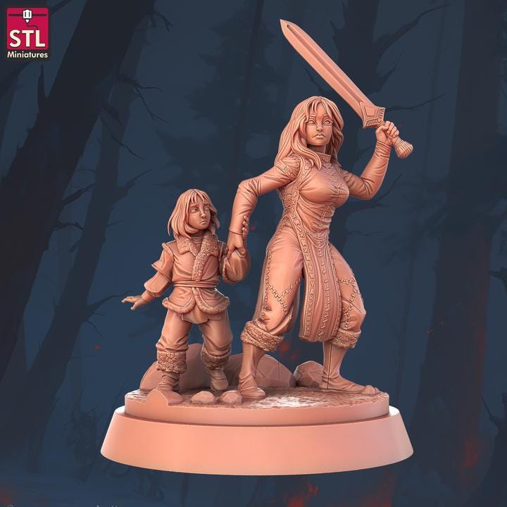 Mother and Child - Barbarian Camp Set - 32mm Scale - Unpainted Miniature for DnD, Pathfinder, Tabletop RPGs