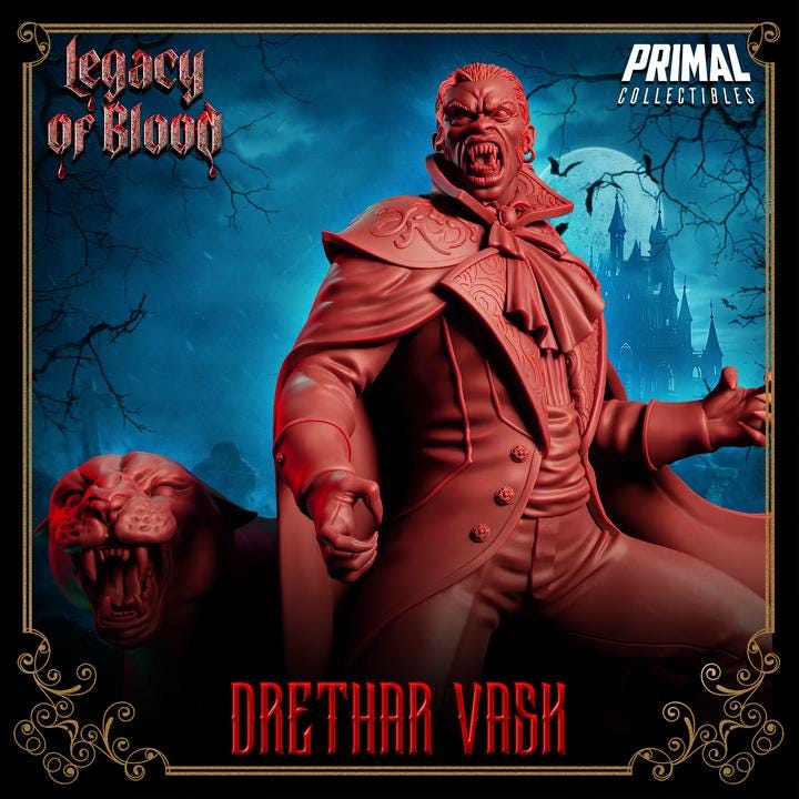 Vampire Baron, Drethar Vask, Legacy of Blood - 28mm, 32mm, 75mm Scale - Unpainted Miniature for DnD, Pathfinder, Tabletop RPGs