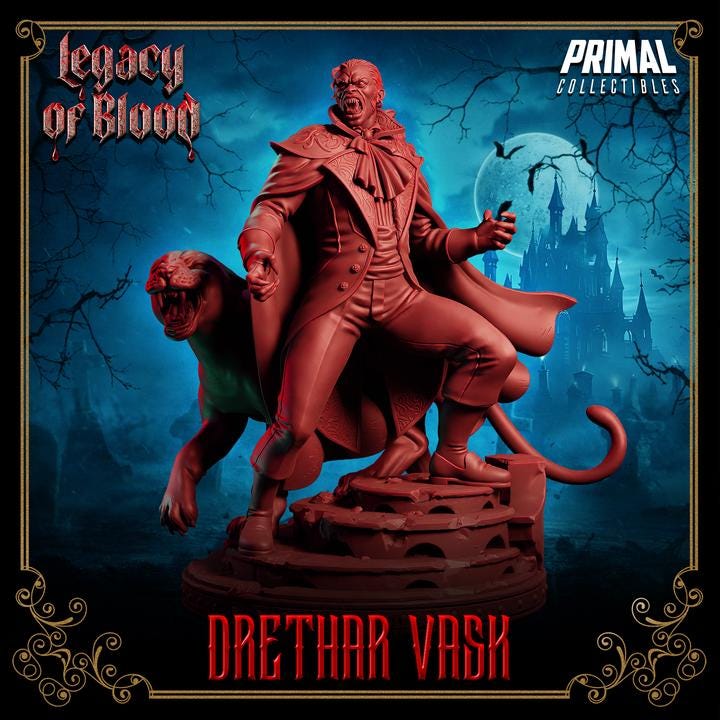 Vampire Baron, Drethar Vask, Legacy of Blood - 28mm, 32mm, 75mm Scale - Unpainted Miniature for DnD, Pathfinder, Tabletop RPGs