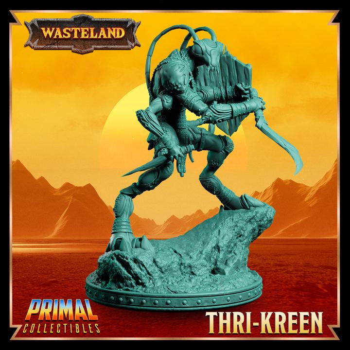 Thri-Kreen, Wasteland Set - 28mm, 32mm, 75mm Scale - Unpainted Miniature for DnD, Pathfinder, Tabletop RPGs & Dioramas - Primal Collectibles