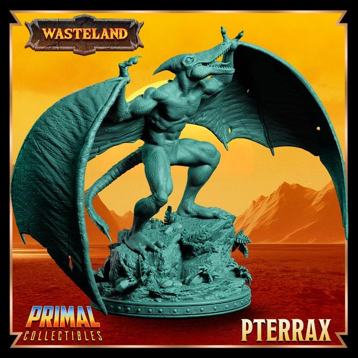 Pterrax with Wings, Wasteland Set - 28mm, 32mm, 75mm Scale - Unpainted Miniature for DnD, Pathfinder, Tabletop RPGs & Dioramas - Primal