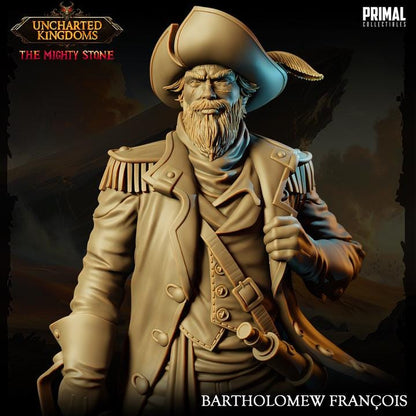 Captain, Bartholomew Francois, Uncharted Kingdoms - 28mm, 32mm, 75mm Scale - Unpainted Miniature for DnD, Pathfinder, Tabletop RPGs