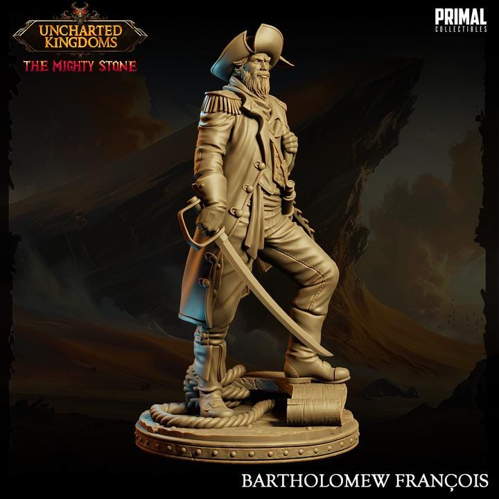 Captain, Bartholomew Francois, Uncharted Kingdoms - 28mm, 32mm, 75mm Scale - Unpainted Miniature for DnD, Pathfinder, Tabletop RPGs