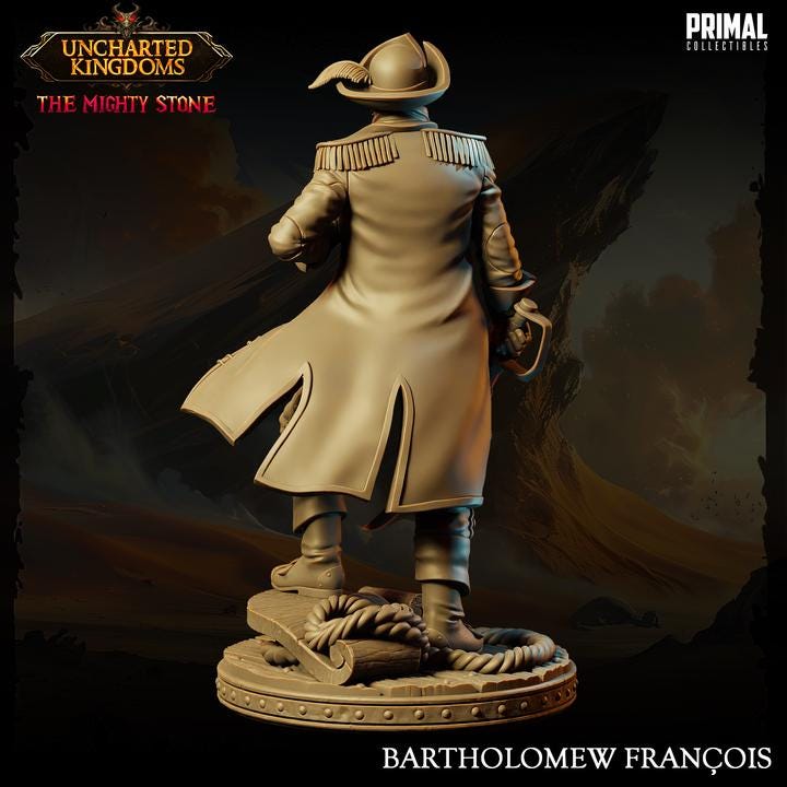 Captain, Bartholomew Francois, Uncharted Kingdoms - 28mm, 32mm, 75mm Scale - Unpainted Miniature for DnD, Pathfinder, Tabletop RPGs