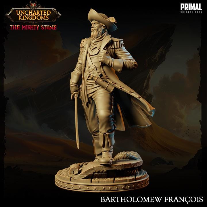Captain, Bartholomew Francois, Uncharted Kingdoms - 28mm, 32mm, 75mm Scale - Unpainted Miniature for DnD, Pathfinder, Tabletop RPGs