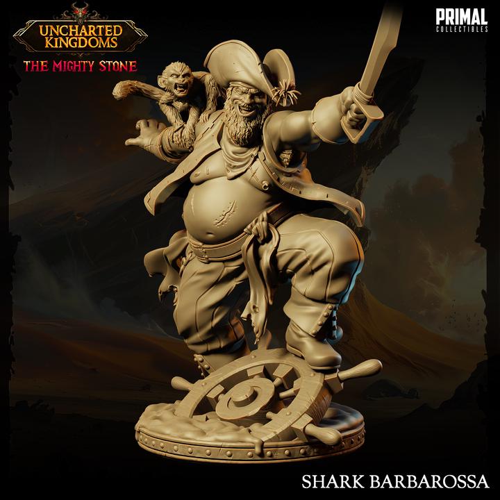 Evil Captain with Monkey, Uncharted Kingdoms - 28mm, 32mm, 75mm Scale - Unpainted Miniature for DnD, Pathfinder, Tabletop RPGs