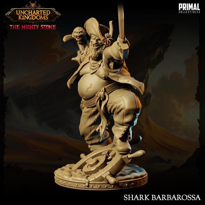 Evil Captain with Monkey, Uncharted Kingdoms - 28mm, 32mm, 75mm Scale - Unpainted Miniature for DnD, Pathfinder, Tabletop RPGs