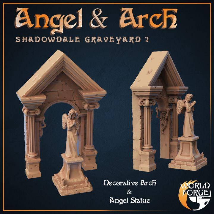 Arch & Angel Statue - Graveyard Collection - 32mm Scale - Unpainted Miniature for DnD, Pathfinder, Tabletop RPGs, Dioramas - World Forge
