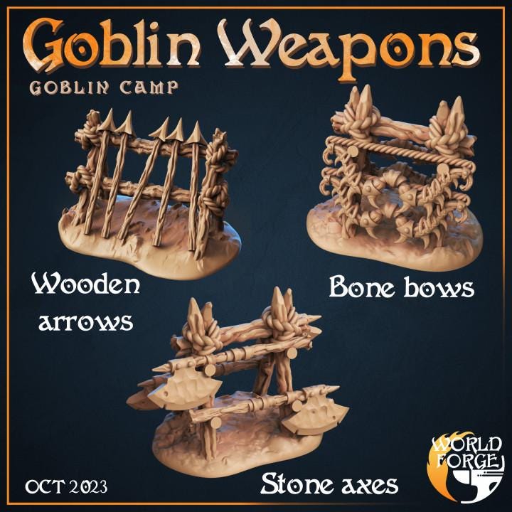 Goblin Weapons, Goblin Camp Collection - 32mm Scale - Unpainted Miniature for DnD, Pathfinder, Tabletop RPGs, Dioramas - World Forge