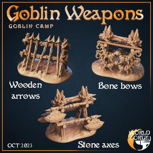 Goblin Weapons, Goblin Camp Collection - 32mm Scale - Unpainted Miniature for DnD, Pathfinder, Tabletop RPGs, Dioramas - World Forge