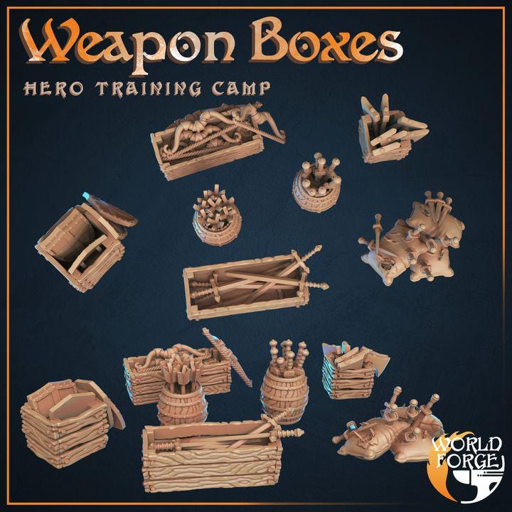 Weapon Boxes, Supply Boxes - Hero Training Camp - 32mm Scale - Unpainted Miniature for DnD, Pathfinder, Tabletop RPGs, and Dioramas