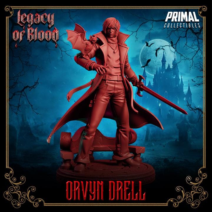 Orvyn Drell, Legacy of Blood - 28mm, 32mm, 75mm Scale - Unpainted Miniature for DnD, Pathfinder, Tabletop RPGs - Primal Collectibles