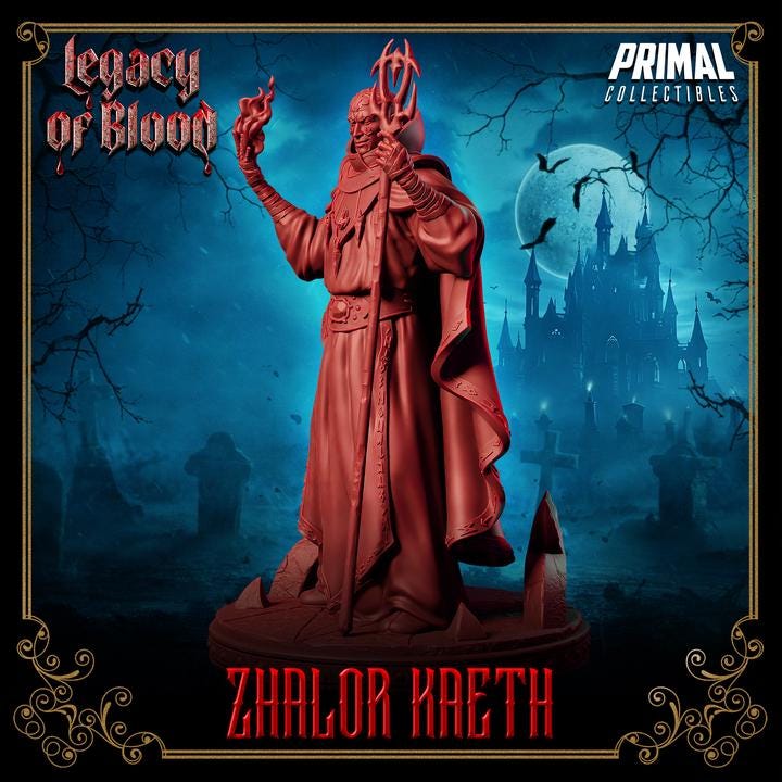 Zhalor Kaeth, Legacy of Blood - 28mm, 32mm, 75mm Scale - Unpainted Miniature for DnD, Pathfinder, Tabletop RPGs - Primal Collectibles