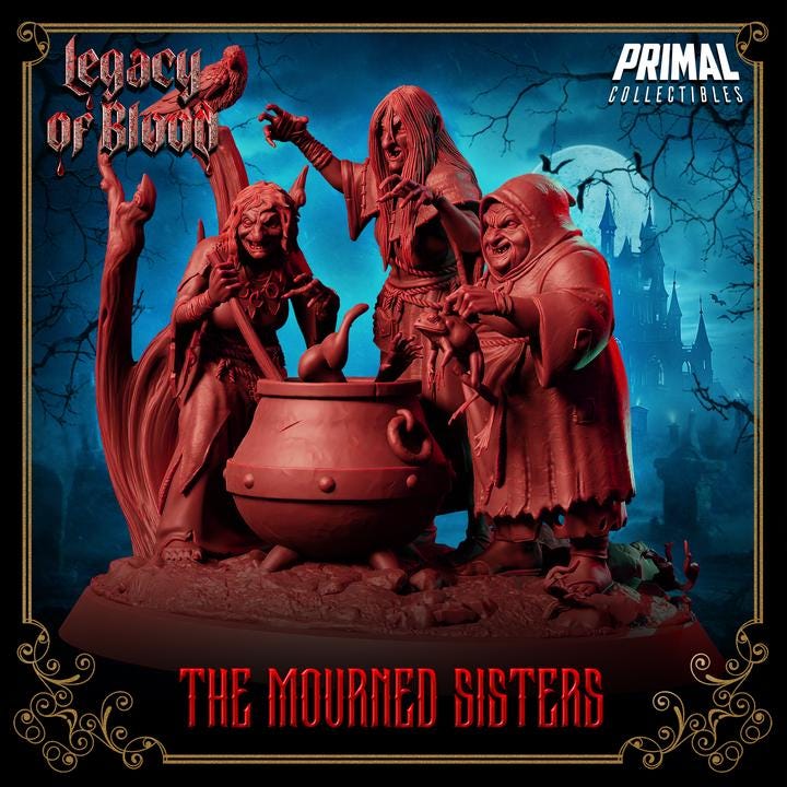 Witch Trio, The Mourned Sisters - 28mm, 32mm, 75mm Scale - Unpainted Miniature for DnD, Pathfinder, Tabletop RPGs - Primal Collectibles
