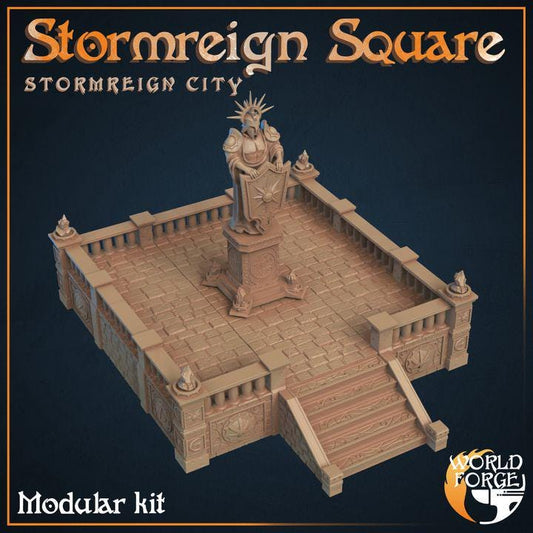 City Square with Statue - Stormreign City - 32mm Scale - Unpainted Miniature for DnD, Pathfinder, Tabletop RPGs & Dioramas - World Forge