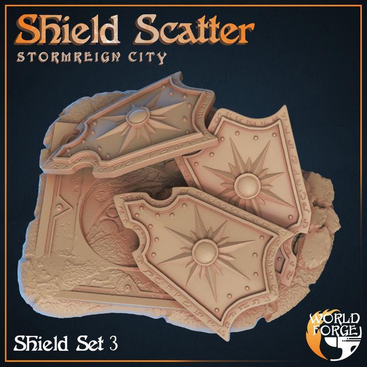 Shield Scatter - Stormreign City - 32mm Scale - Unpainted Miniature for DnD, Pathfinder, Tabletop RPGs & Dioramas - World Forge