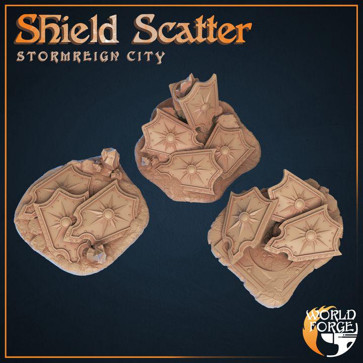 Shield Scatter - Stormreign City - 32mm Scale - Unpainted Miniature for DnD, Pathfinder, Tabletop RPGs & Dioramas - World Forge
