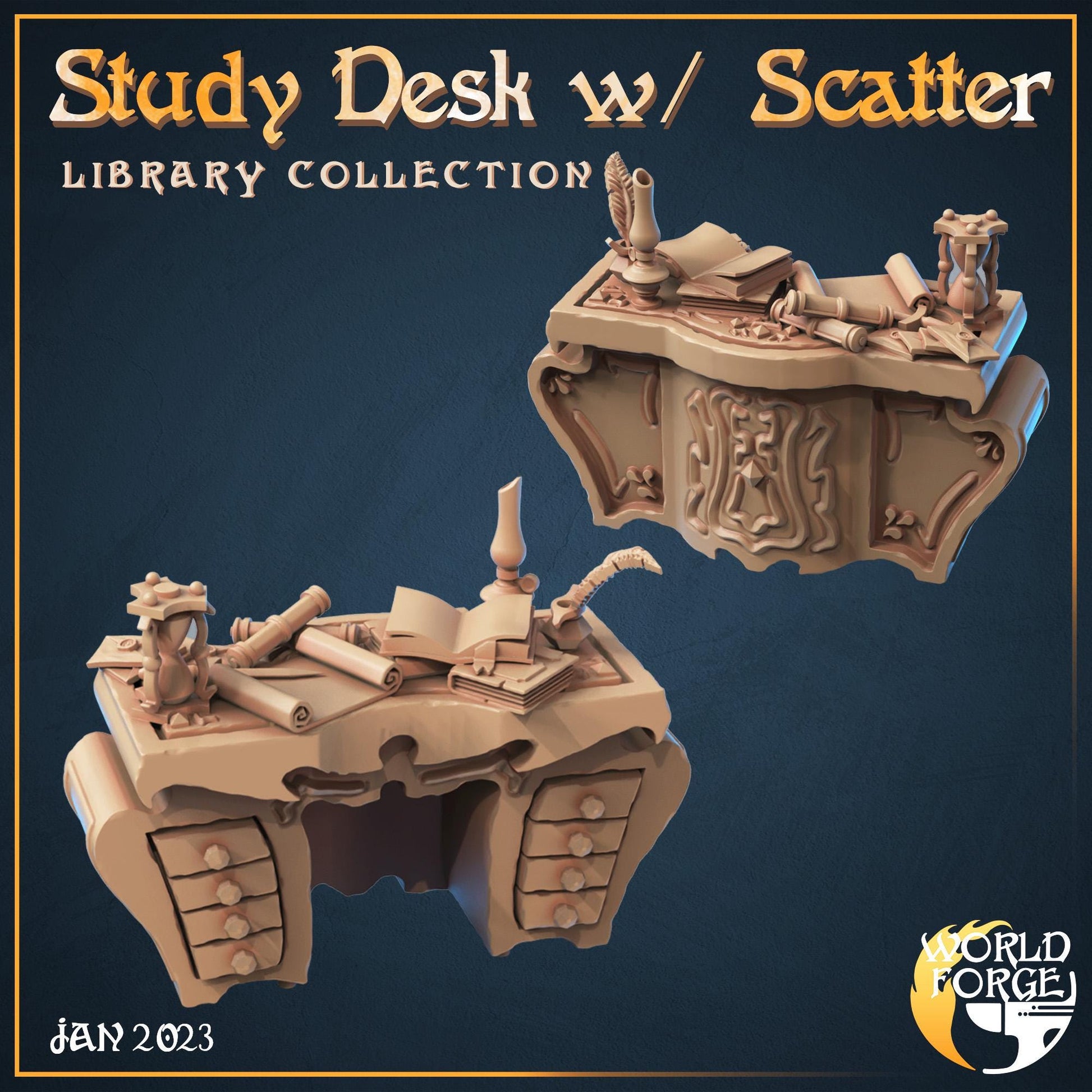 Study Desk with Chair - The Grand Library Collection - 32mm Scale - Unpainted Miniature for DnD, Pathfinder, Tabletop RPGs, and Dioramas
