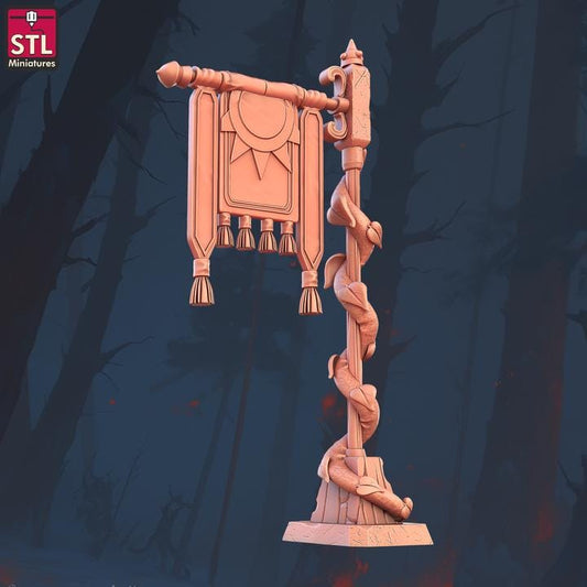 Hanging Banner, Banner on Pole - Town Festival Set - 32mm Scale - Unpainted Miniature for DnD, Pathfinder, Tabletop RPGs - STL Miniatures