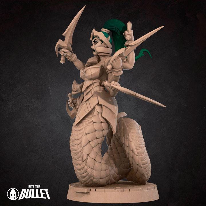 Marilith, Pinup - 32mm, 35mm Scale - Unpainted Miniature for DnD, Pathfinder, Tabletop RPGs - Bite the Bullet