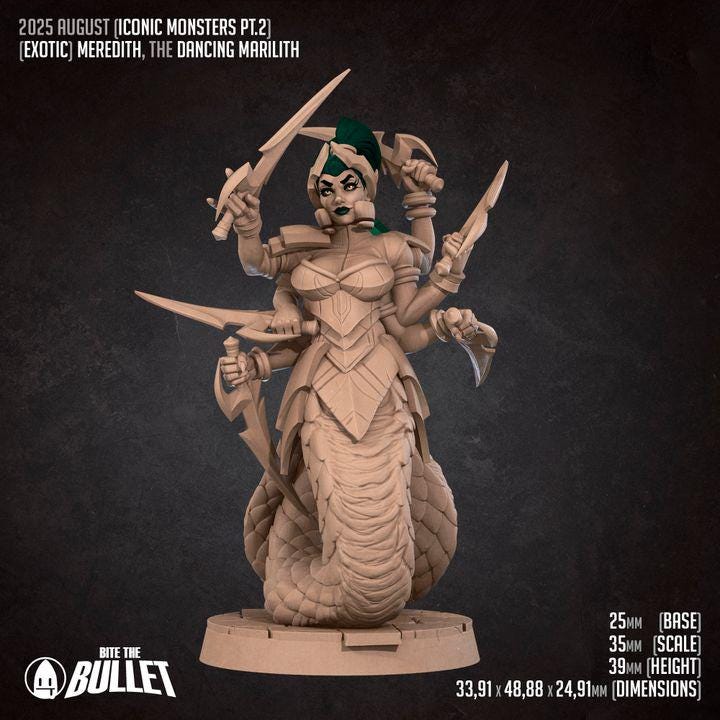 Marilith, Pinup - 32mm, 35mm Scale - Unpainted Miniature for DnD, Pathfinder, Tabletop RPGs - Bite the Bullet