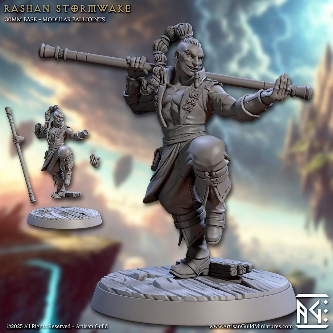 Human Male Monk, Rashan Stormwake - 32mm Scale - Unpainted Miniature for DnD, Pathfinder, Tabletop RPGs - Artisan Guild