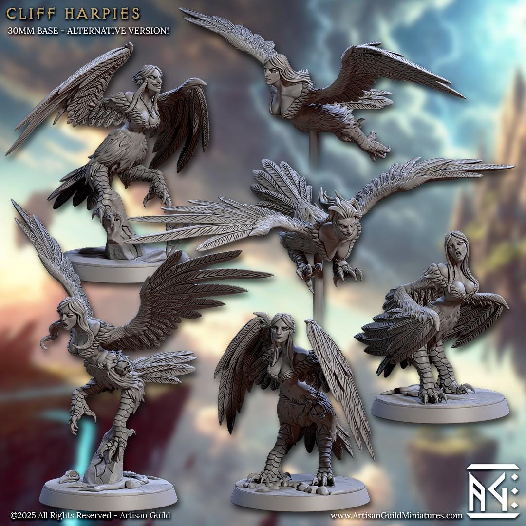 Cliff Harpies - 32mm Scale - Unpainted Miniature for DnD, Pathfinder, Tabletop RPGs - Artisan Guild