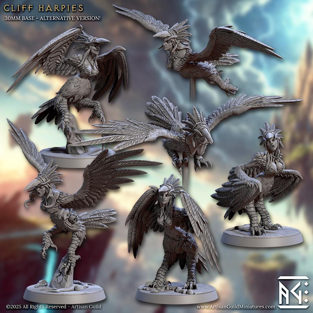 Cliff Harpies - 32mm Scale - Unpainted Miniature for DnD, Pathfinder, Tabletop RPGs - Artisan Guild