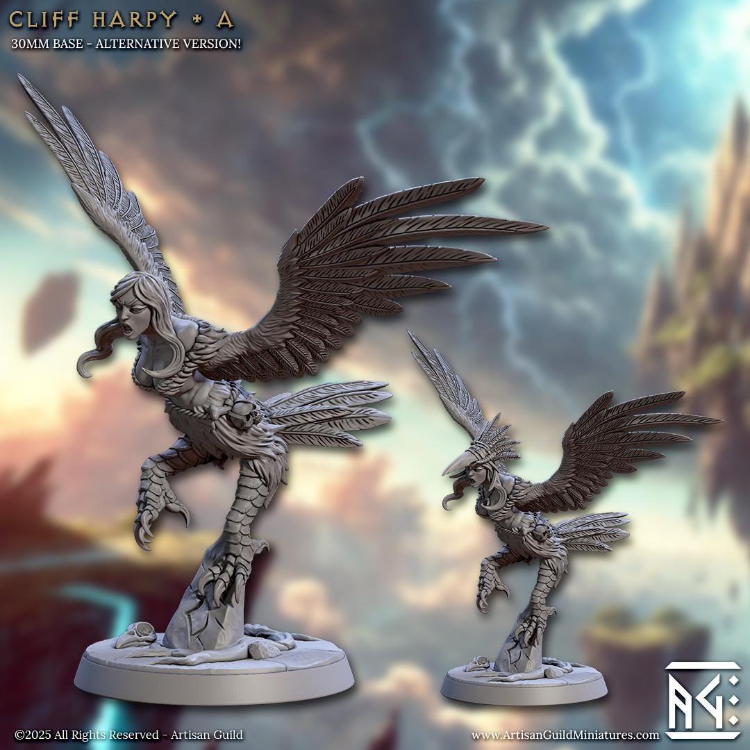 Cliff Harpies - 32mm Scale - Unpainted Miniature for DnD, Pathfinder, Tabletop RPGs - Artisan Guild