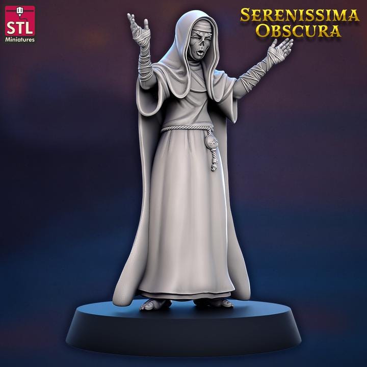Worshipper Nun - Serenissima Obscura - 32mm Scale - Unpainted Miniature for DnD, Pathfinder, Tabletop RPGs - STL Miniatures
