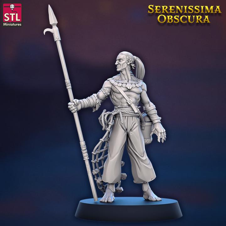 Putei Fisherman, Human Spear Fisher - Serenissima Obscura - 32mm Scale - Unpainted Miniature for DnD, Pathfinder, Tabletop RPGs - STL Minis