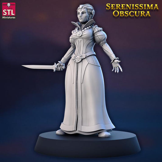 Female Masked Citizen, Pose B - Serenissima Obscura - 32mm Scale - Unpainted Miniature for DnD, Pathfinder, Tabletop RPGs - STL Minis