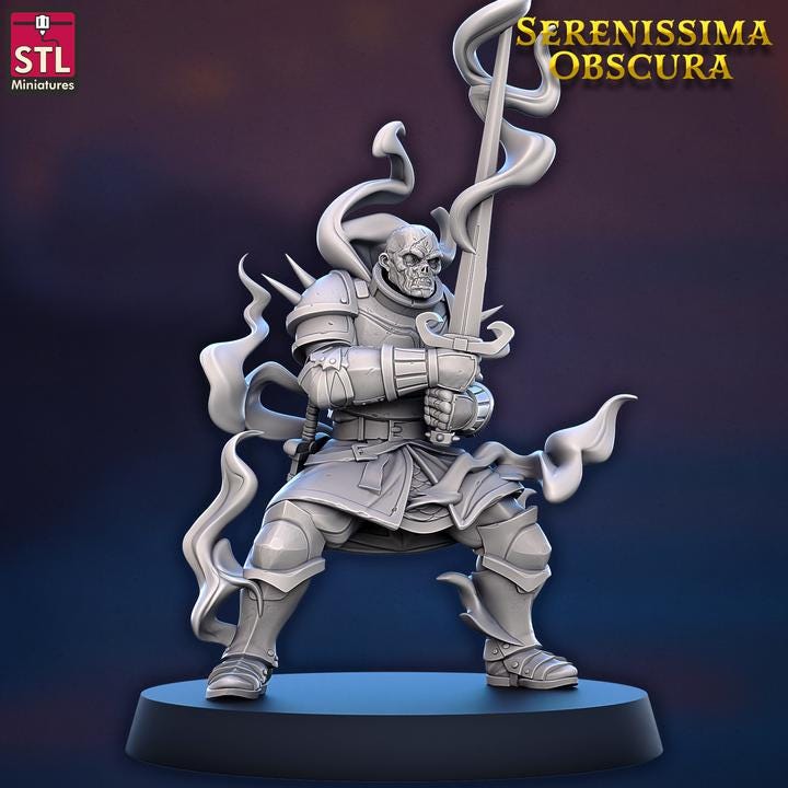 Undead Paladin, Shadow Warrrior B - Serenissima Obscura - 32mm Scale - Unpainted Miniature for DnD, Pathfinder, Tabletop RPGs - STL Minis