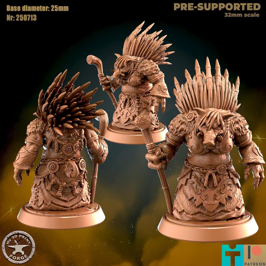 Spined Boarfolk Seer - 3 Poses - 32mm Scale - Unpainted Miniature for DnD, Pathfinder, Tabletop RPGs - My3dPrintForge